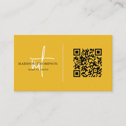 Monogrammed Script Typografie Mosterd QR Code Visitekaartje (Voorkant)