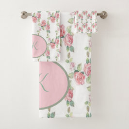 Monogrammed Shabby Chic Pink Rose Floral Bad Handdoek