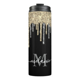 Monogrammed Silver en Gold Glitter Drip Thermosbeker