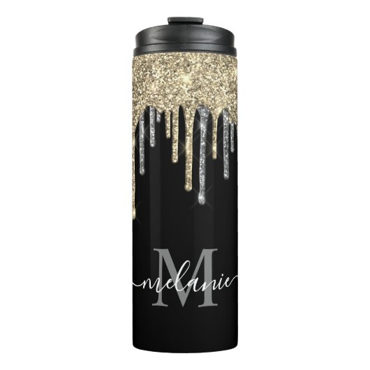Monogrammed Silver en Gold Glitter Drip Thermosbeker (Voorkant)