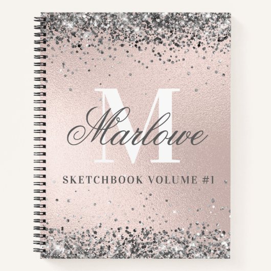 Monogrammed Silver Glitter Blush Pink Sketchbook Notitieboek (Voorkant)