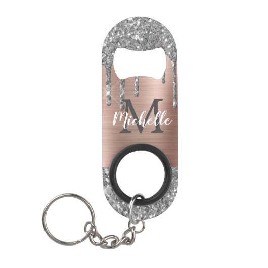 Monogrammed Silver Glitter Drift Roos Gold Metal Mini Flessenopener (Voorkant)