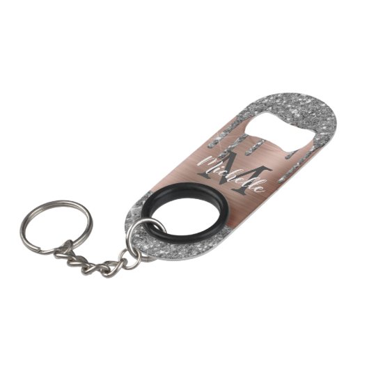 Monogrammed Silver Glitter Drift Roos Gold Metal Mini Flessenopener (Voorkant Gekanteld)