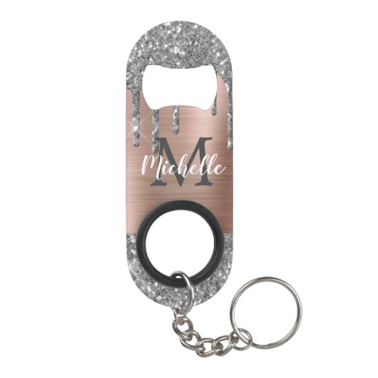 Monogrammed Silver Glitter Drift Roos Gold Metal Mini Flessenopener (Achterkant)