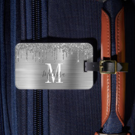 Monogrammed Silver Glitter Drip Brushed Metal Bagagelabel