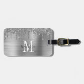 Monogrammed Silver Glitter Drip Brushed Metal Bagagelabel (Voorkant horizontaal)