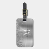 Monogrammed Silver Glitter Drip Brushed Metal Bagagelabel (Voorkant verticaal)