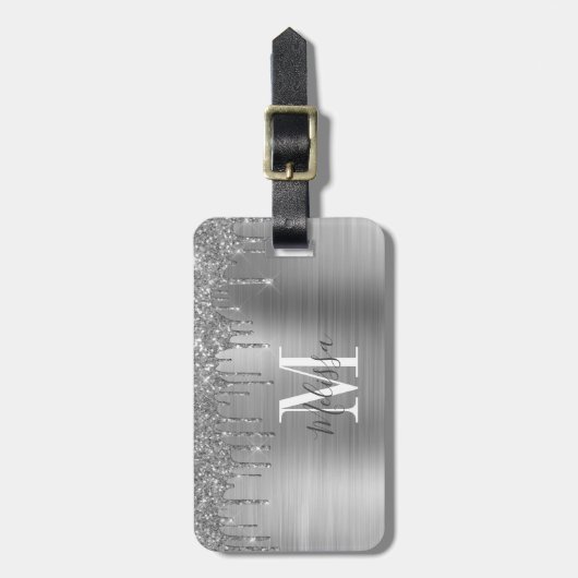 Monogrammed Silver Glitter Drip Brushed Metal Bagagelabel (Voorkant verticaal)