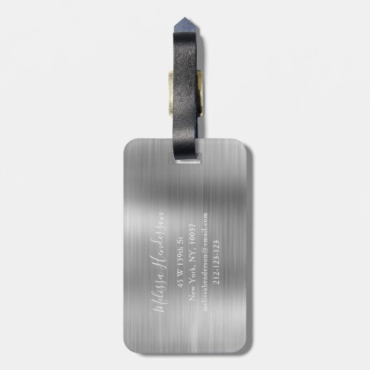 Monogrammed Silver Glitter Drip Brushed Metal Bagagelabel (Achterkant verticaal)