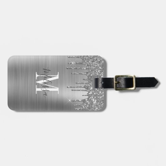 Monogrammed Silver Glitter Drip Metal Bagagelabel (Voorkant horizontaal)