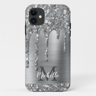 Monogrammed Silver Grey Glitter Drift Gold Metal Case-Mate iPhone Case