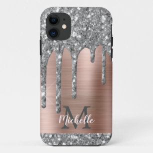 Monogrammed Silver Grey Glitter druppelt roze meta Case-Mate iPhone Case