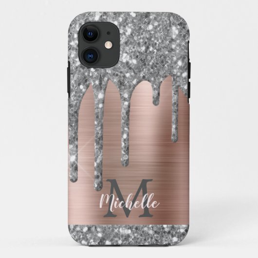 Monogrammed Silver Grey Glitter druppelt roze meta Case-Mate iPhone Case (Achterkant)