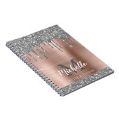 Monogrammed Silver Grey Glitter druppelt roze meta Notitieboek (Rechterzijde)