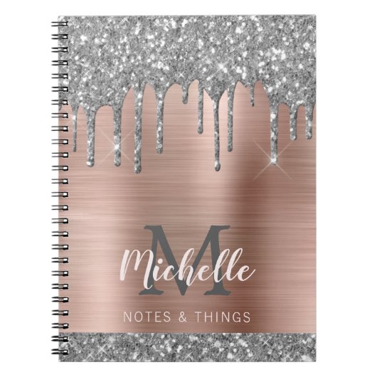 Monogrammed Silver Grey Glitter druppelt roze meta Notitieboek (Voorkant)