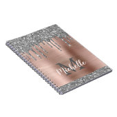 Monogrammed Silver Grey Glitter druppelt roze meta Notitieboek (Rechterzijde)