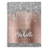 Monogrammed Silver Grey Glitter druppelt roze meta Notitieboek (Voorkant)
