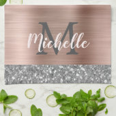 Monogrammed Silver Grey Glitter druppelt roze meta Theedoek (Gevouwen)