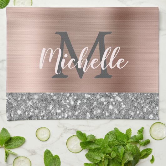 Monogrammed Silver Grey Glitter druppelt roze meta Theedoek (Gevouwen)