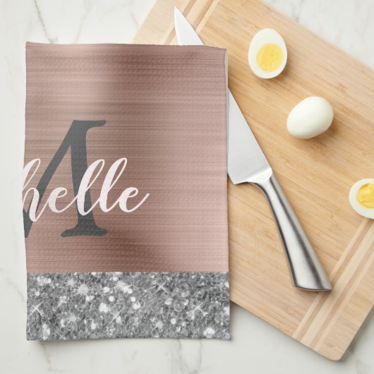 Monogrammed Silver Grey Glitter druppelt roze meta Theedoek (Quarter Fold)