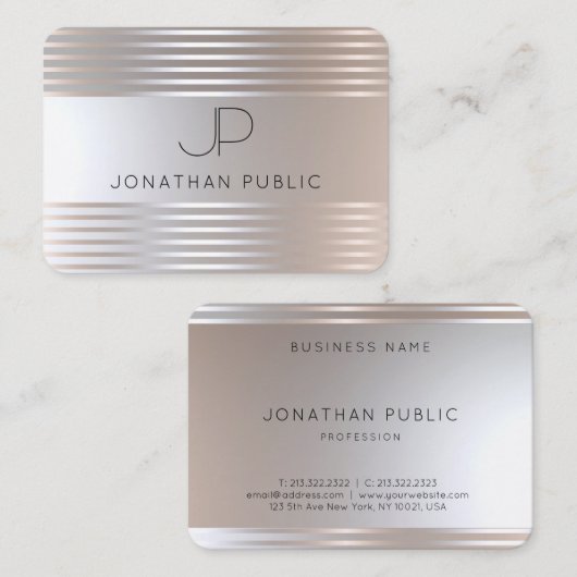 Monogrammed Silver Look Elegant Modern Sjabloon Visitekaartje (Voorkant / Achterkant)