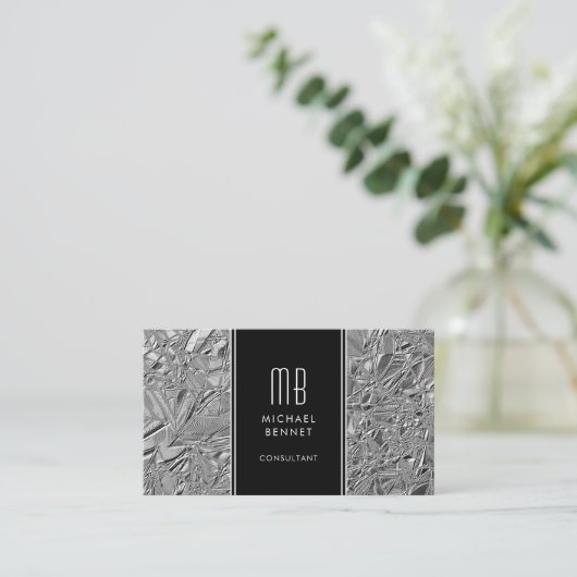 Monogrammed Silver Metallic Folie Visitekaartje (Staand voorkant)