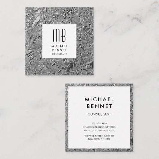 Monogrammed Silver Metallic Vierkante Visitekaartje (Voorkant / Achterkant)