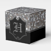 Monogrammed Silver Sparkle Faux Glitter Cube Bedankdoosjes (Voorkant Zijde)