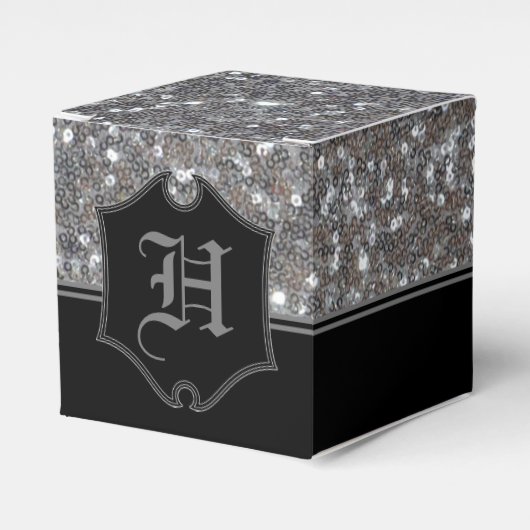 Monogrammed Silver Sparkle Faux Glitter Cube Bedankdoosjes (Voorkant Zijde)