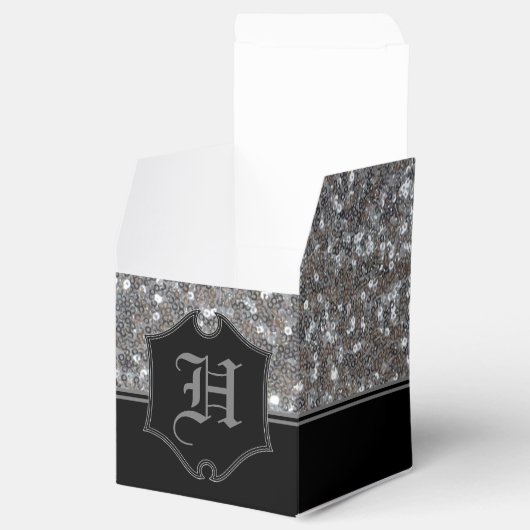 Monogrammed Silver Sparkle Faux Glitter Cube Bedankdoosjes (Geopend)