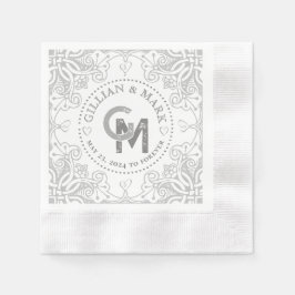 Monogrammed Silver Wedding Napkins Heart Border Servet