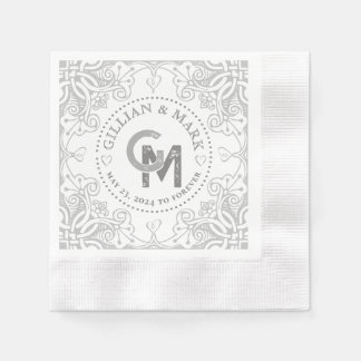 Monogrammed Silver Wedding Napkins Heart Border Servet