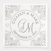 Monogrammed Silver Wedding Napkins Heart Border Servet (Voorkant)