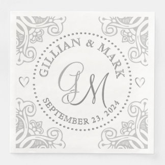 Monogrammed Silver Wedding Napkins Heart Border Servet