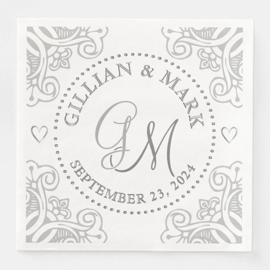Monogrammed Silver Wedding Napkins Heart Border Servet (Voorkant)