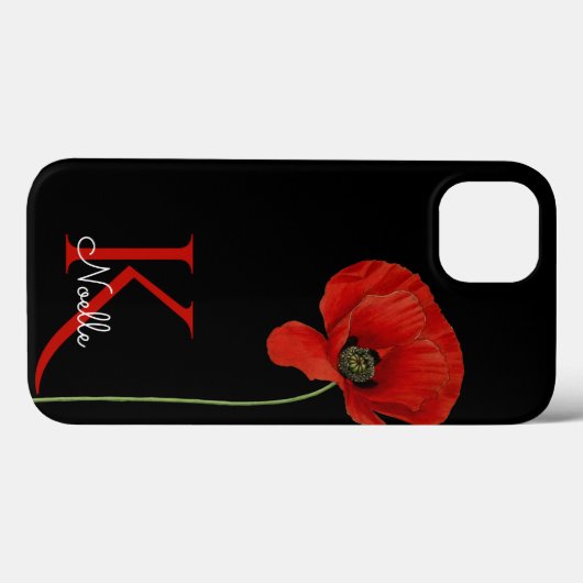 Monogrammed Single Red Poppy on Black Case-Mate iPhone Case (Achterkant (horizontaal))