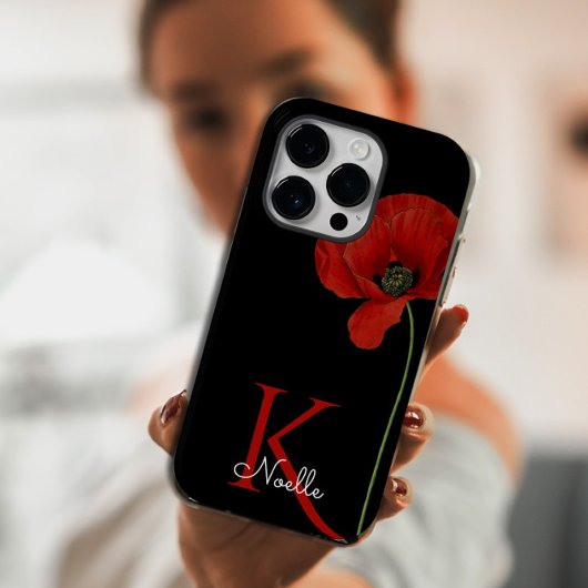 Monogrammed Single Red Poppy on Black Case-Mate iPhone Case