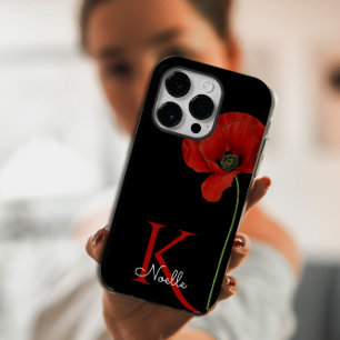 Monogrammed Single Red Poppy on Black iPhone 13 Hoesje