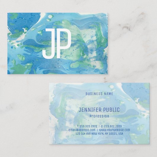 Monogrammed Sjabloon Blue Green Modern Abstract Visitekaartje (Voorkant / Achterkant)