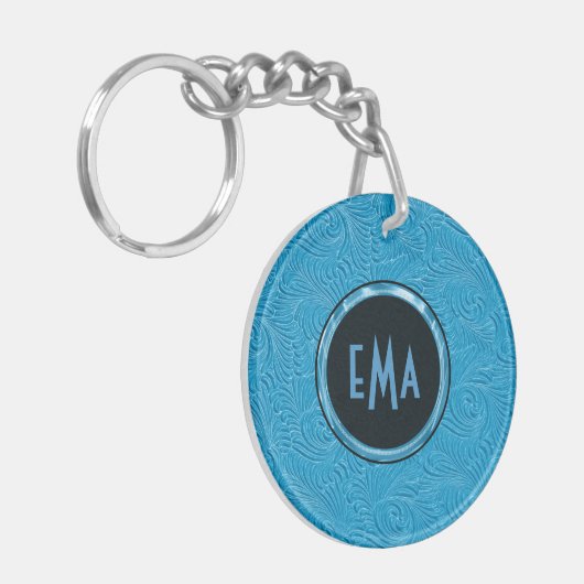 Monogrammed Sky Blue Embossed Floral Pattern Sleutelhanger (Voorkant Links)