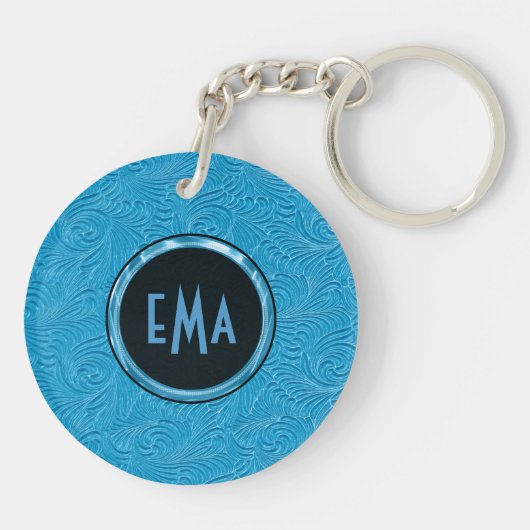 Monogrammed Sky Blue Embossed Floral Pattern Sleutelhanger (Achterkant)