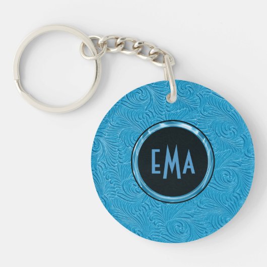 Monogrammed Sky Blue Embossed Floral Pattern Sleutelhanger (Voorkant)