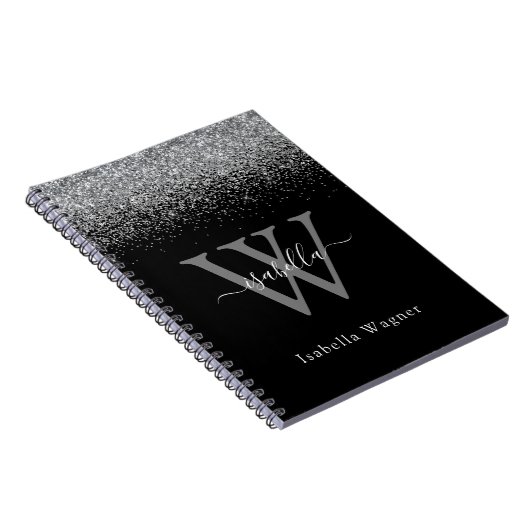 Monogrammed Sliver Black Glitter Elegant Script Notitieboek (Rechterzijde)