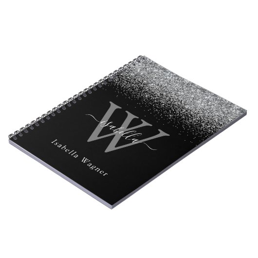 Monogrammed Sliver Black Glitter Elegant Script Notitieboek (Linkerzijde)