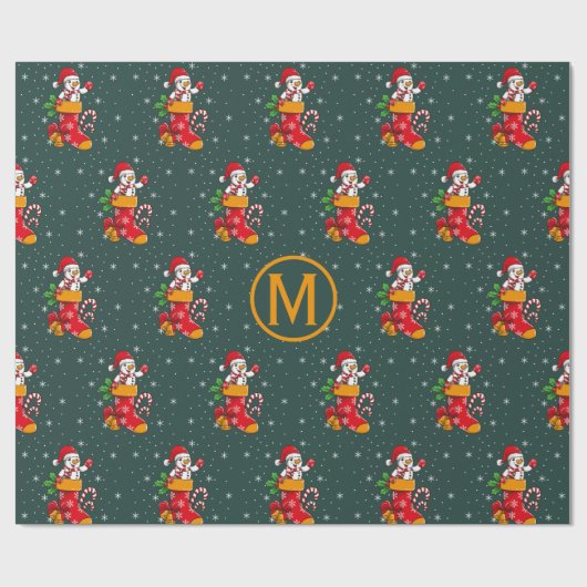 Monogrammed Snowman Candy Cane Patroon Kerstmis Cadeaupapier (Vlak)