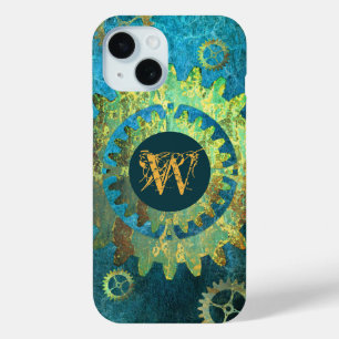 Monogrammed Steampunk Verdigris Rusty Cogwheels iPhone 15 Case