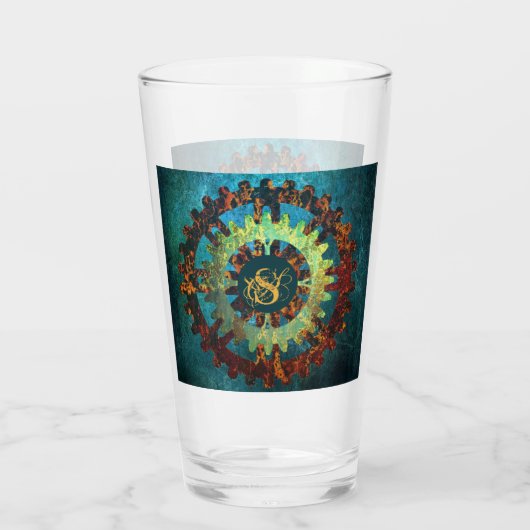 Monogrammed Steampunk Verdigris Rusty Cogwheels Glas (Achterkant)