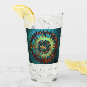 Monogrammed Steampunk Verdigris Rusty Cogwheels Glas