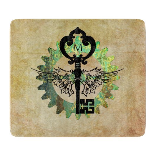 Monogrammed Steampunk Winged Key Rusty Cograd Snijplank (Voorkant)