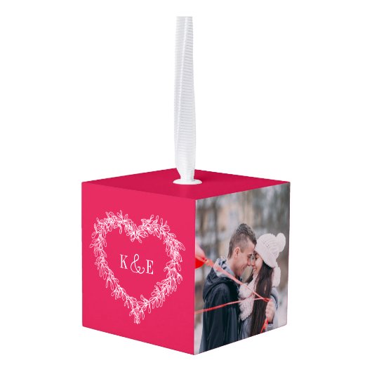 Monogrammed stellen rode mistletoe hartfoto decoratie (Achter hoekig)